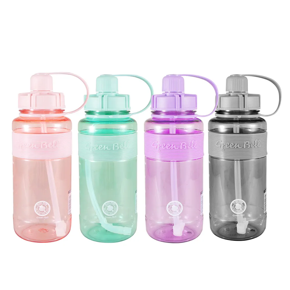 【GREEN BELL 綠貝】糖果色彈跳吸管水壺-附背帶1000ml4色組(大容量 運動 寬口 耐熱 露營 健身 止滑 SGS)