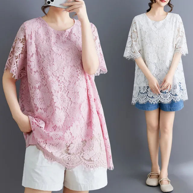 【ALLK 歐楷】新品上架 大尺碼寬鬆顯瘦蕾絲睫毛蕾絲上衣女 4色 尺寸L-XXL/中大尺碼/涼爽/透氣