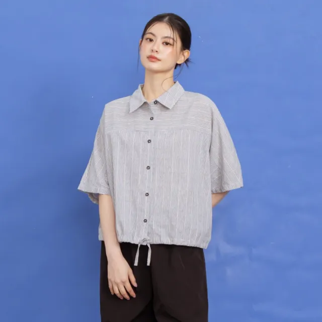 【MOSS CLUB】條紋綁帶短袖連袖休閒襯衫 藍 黑