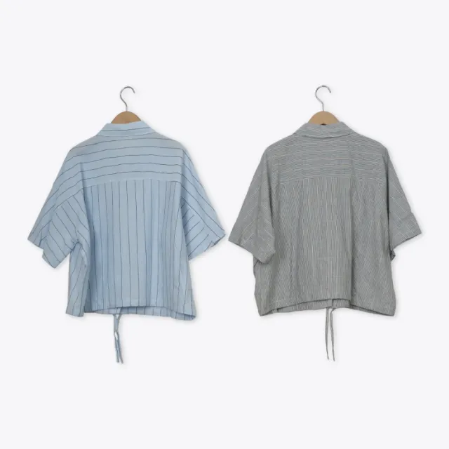 【MOSS CLUB】條紋綁帶短袖連袖休閒襯衫 藍 黑