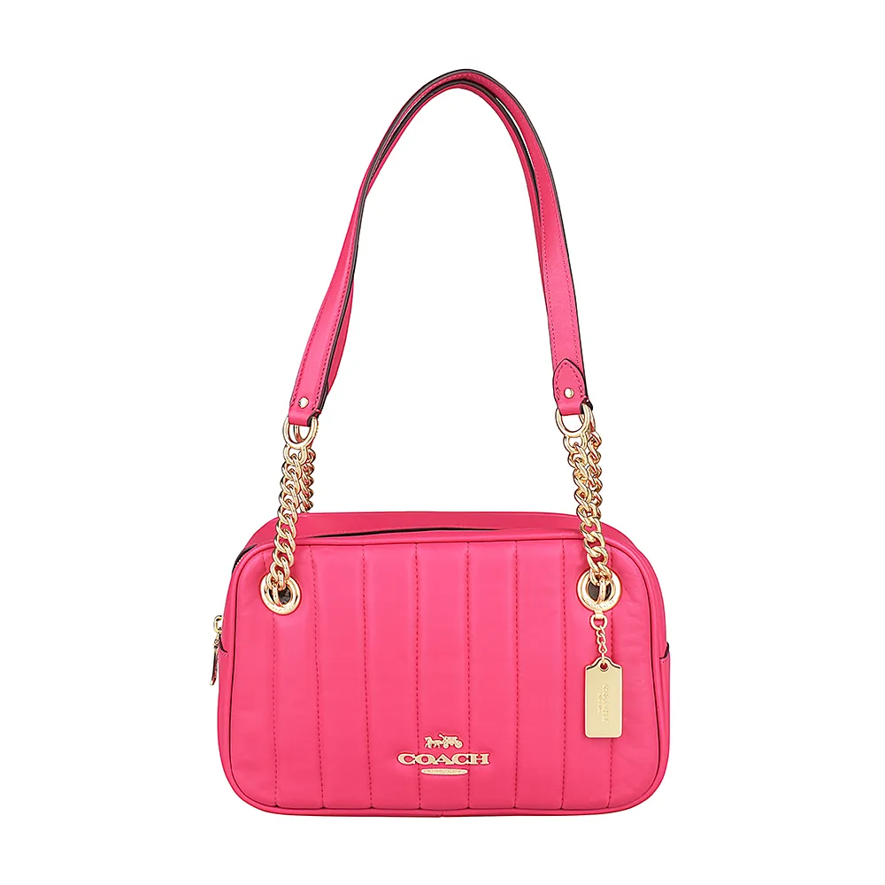 【COACH】COACH CAMMIE金字LOGO直紋設計牛皮拉鍊肩背方包(桃紅)