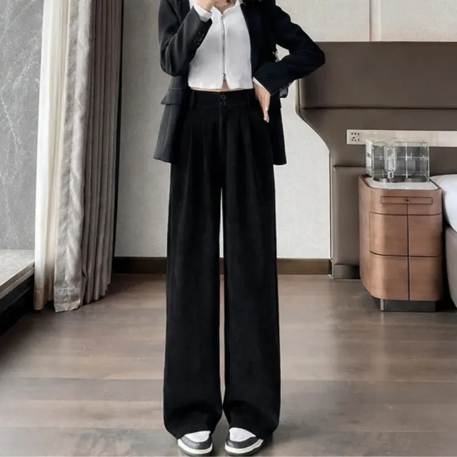 【LANNI 藍尼】★雙扣垂墜闊腿直筒褲(女裝/長褲/寬褲/休閒/百搭/日系/通勤)