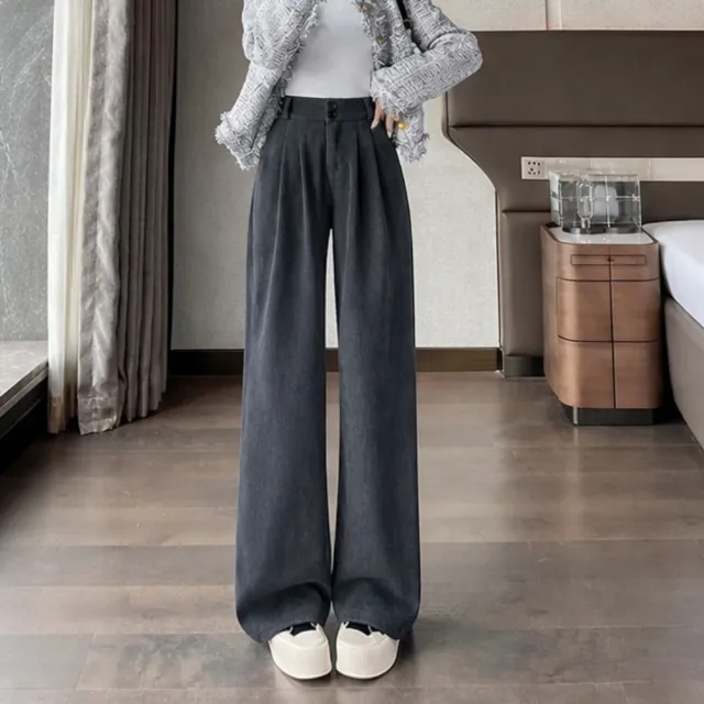 【LANNI 藍尼】★雙扣垂墜闊腿直筒褲(女裝/長褲/寬褲/休閒/百搭/日系/通勤)