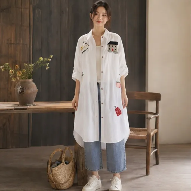 【LANNI 藍尼】★文藝刺繡長版襯衫(女裝/女上衣/休閒/百搭/日系/通勤)