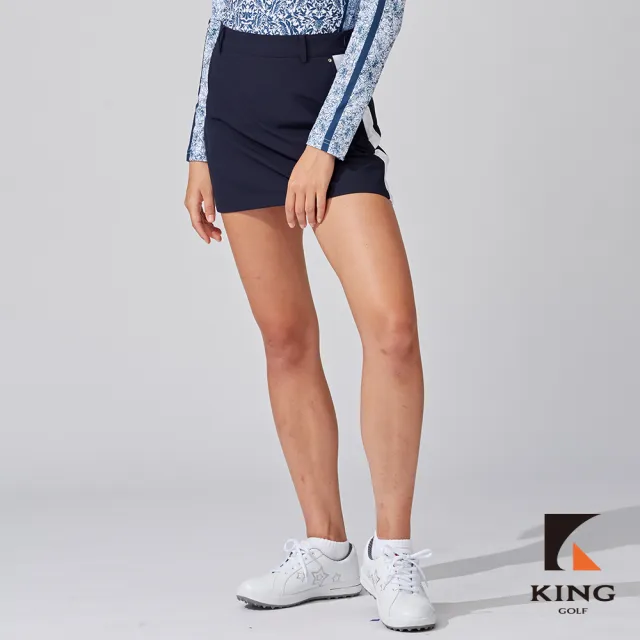 【KING GOLF】網路獨家-女款雙色拼接鉚釘造型綴飾修身高爾夫球運動短裙-丈青色
