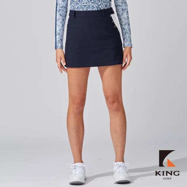 【KING GOLF】網路獨家-女款雙色拼接鉚釘造型綴飾修身高爾夫球運動短裙-丈青色