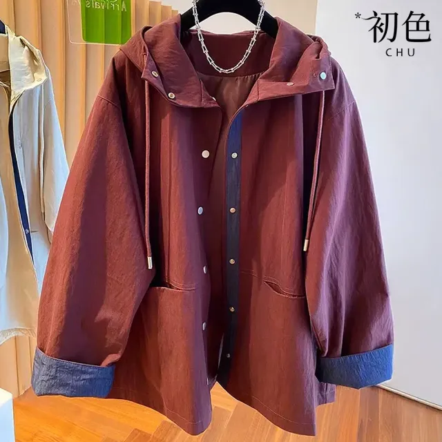 【初色】韓系連帽領抽繩長袖撞色口袋排釦寬鬆顯瘦風衣外套女外套-共3色-54091(M-4XL可選★)