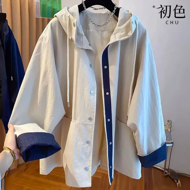 【初色】韓系連帽領抽繩長袖撞色口袋排釦寬鬆顯瘦風衣外套女外套-共3色-54091(M-4XL可選★)