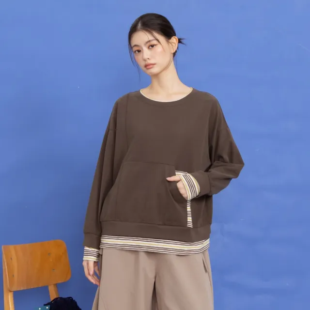 【MOSS CLUB】假兩件條紋配布棉T上衣 藍 灰