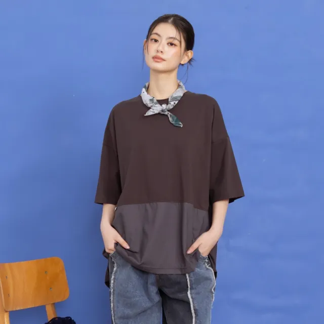 【MOSS CLUB】異材質拼接後開衩上衣 黑 白 灰(魅力商品)