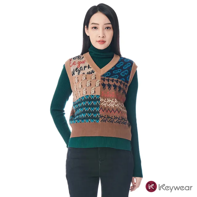 【KeyWear 奇威名品】復古圖騰拼接無袖針織上衣針織背心