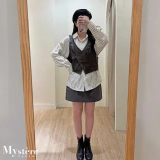 【my stere 我的時尚秘境】雙11 皮革背心兩件式條紋襯衫 兩色 條紋襯衫 oversize襯衫 兩件式襯衫