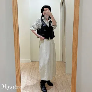 【my stere 我的時尚秘境】雙11 皮革背心兩件式條紋襯衫 兩色 條紋襯衫 oversize襯衫 兩件式襯衫
