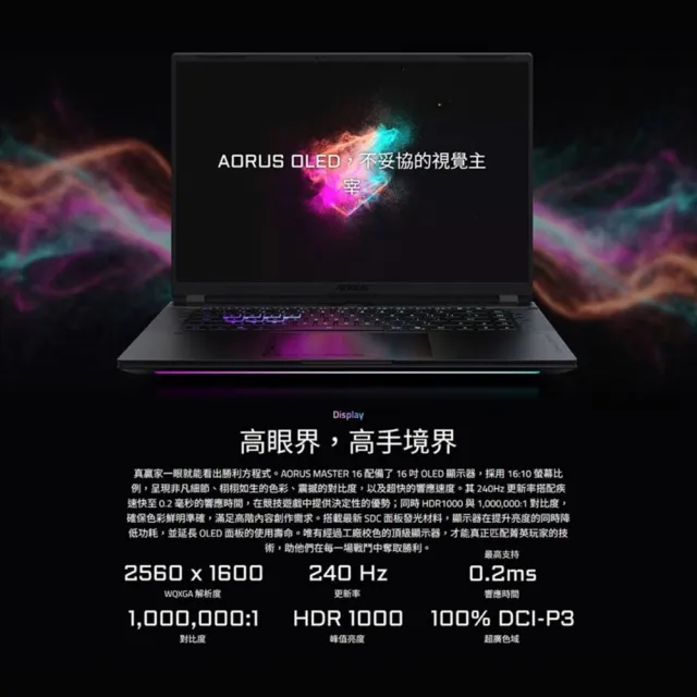 【GIGABYTE 技嘉】16吋Ryzen9 8940HX RTX5070Ti電競筆電(AORUS MASTER 16 8XJJ4TWE94SH/16G/1TB/W11/OLED)