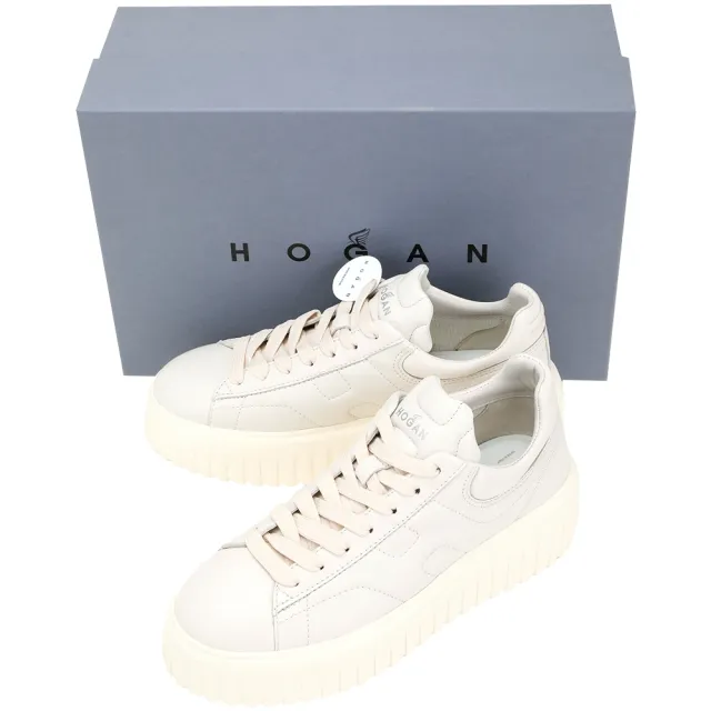 【HOGAN】H-Stripes 女鞋 H縫線標誌 納帕牛皮繫帶厚底餅乾鞋(米色 增高鞋 小白鞋)