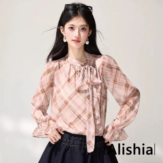 【Alishia】甜美氣質經典格紋綁帶雪紡衫 長袖 上衣 S-2XL(粉格紋)