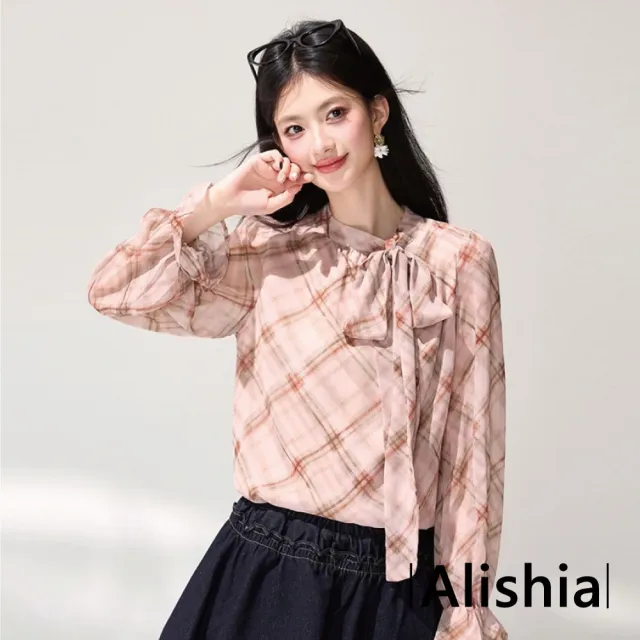 【Alishia】甜美氣質經典格紋綁帶雪紡衫 長袖 上衣 S-2XL(粉格紋)
