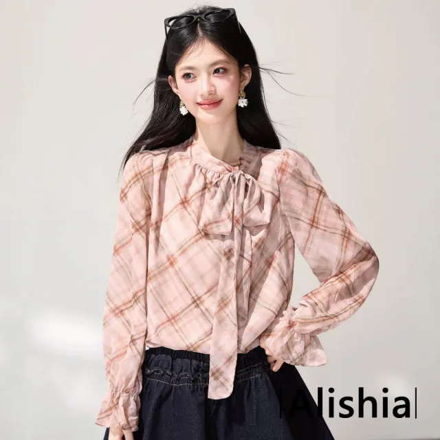 【Alishia】甜美氣質經典格紋綁帶雪紡衫 長袖 上衣 S-2XL(粉格紋)