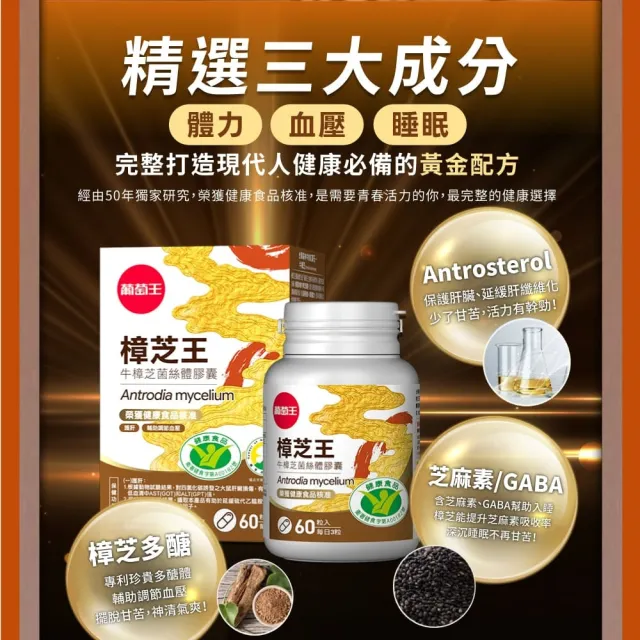 【葡萄王】樟芝王菌絲體膠囊 x3瓶 共180粒(陳志強推薦 GABA 芝麻素 幫助入睡 牛樟芝膠囊 葡萄王官方)