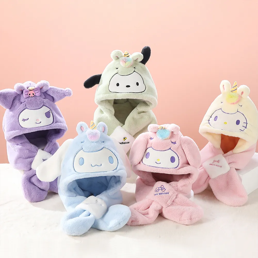 【SANRIO 三麗鷗】三麗鷗兒童毛帽圍巾2合1套組(酷洛米/美樂蒂/大耳狗/凱蒂貓 交換禮物/聖誕禮物)