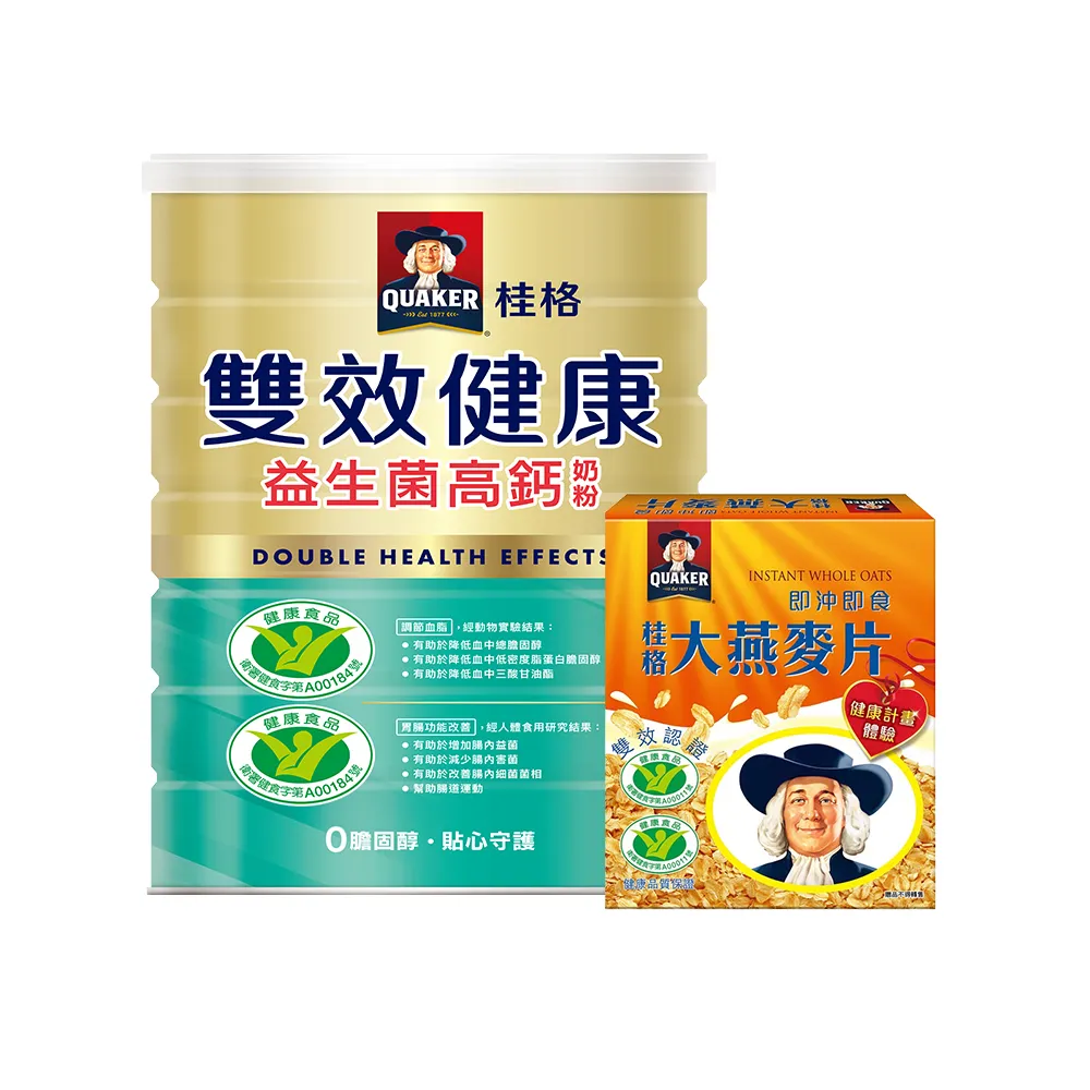 【QUAKER 桂格】雙效健康益生菌高鈣奶粉1500g/罐(買就送大燕麥片隨身包3入/盒)