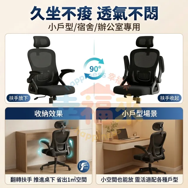 【happiness 幸福來】人體工學椅-多功能90°翻轉扶手 加厚坐墊 附頭枕（電腦椅/電競椅/辦公椅/書桌椅）