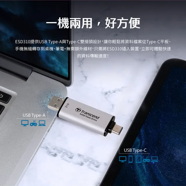 【Transcend 創見】ESD310C 256GB USB3.2 高效能雙介面 外接SSD固態行動碟-太空黑(TS256GESD310C)