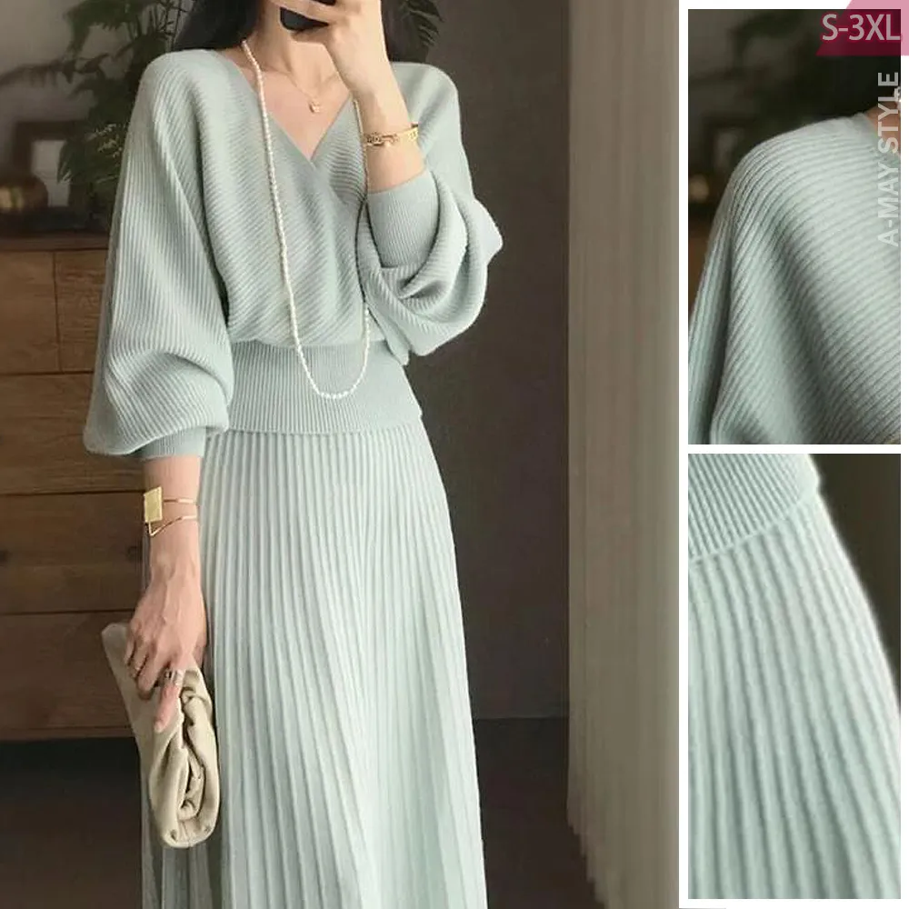 【Amay Style 艾美時尚】現貨 中大尺碼女裝 兩件式 優雅女神坑條感針織裙套裝。S-3XL(套裝)