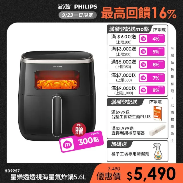 【Philips 飛利浦】抽UX20戰鬥陀螺_星樂透透視海星氣炸鍋5.6L_HD9257/80