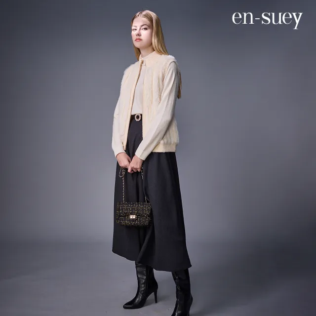 【en-suey 銀穗】仿貂絨長短毛緹織線衫背心-女
