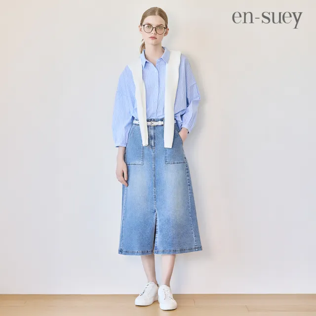 【en-suey 銀穗】後開洞條紋剪接活褶拋袖襯衫-女