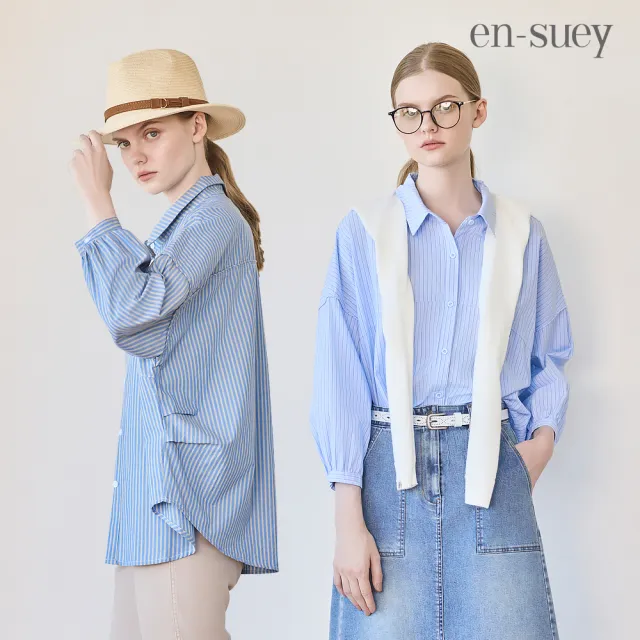 【en-suey 銀穗】後開洞條紋剪接活褶拋袖襯衫-女