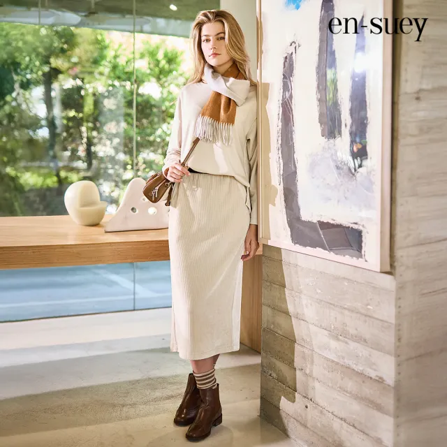 【en-suey 銀穗】燈心絨簡約後開叉長裙-女