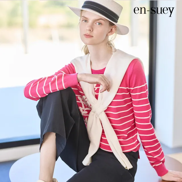 【en-suey 銀穗】柔美花朵條紋長袖線衫-女