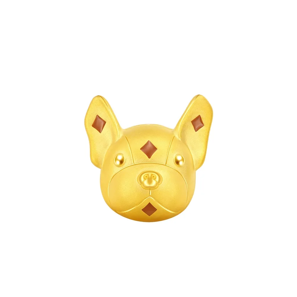 【周大福】MCM聯名系列 法鬥犬轉運珠菱格狗狗吊墜黃金串珠(情侶款-女款 附棕繩可調整)