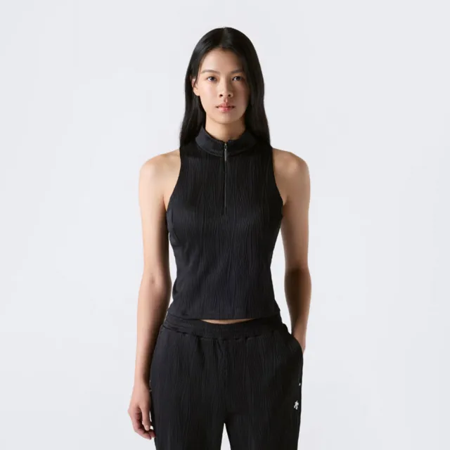 【DESCENTE】背心 女 輕度支撐 慢跑 瑜珈 WOMENS RIBBED HALF-NECK ZIP-UP BRA TOP 黑 SR322PBR72-BLK0