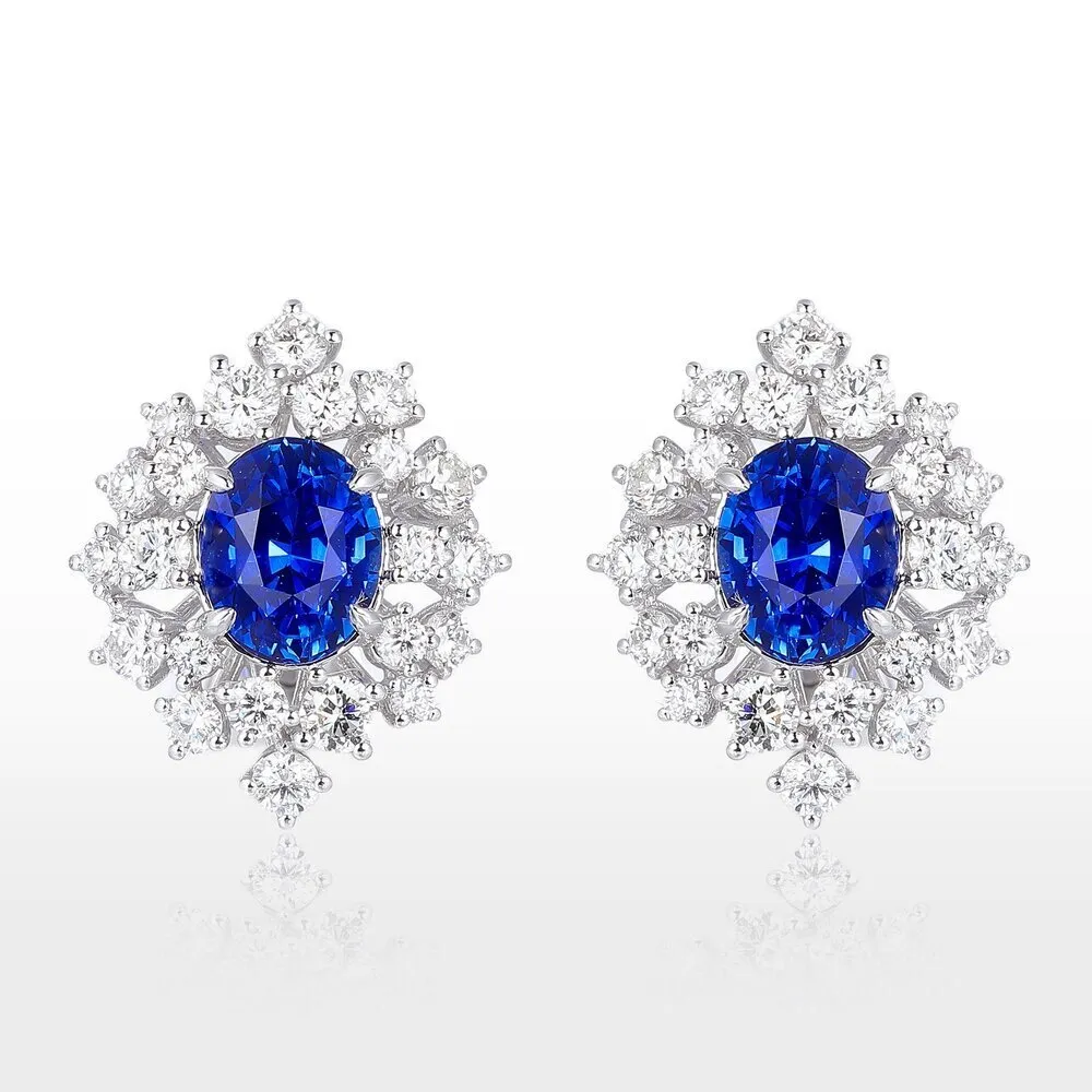 海斯珠寶 2克拉天然藍寶石 18K金耳環 鑽石圍鑲點綴 橢圓形切割 滿天星系列 尊榮華貴 高訂珠寶