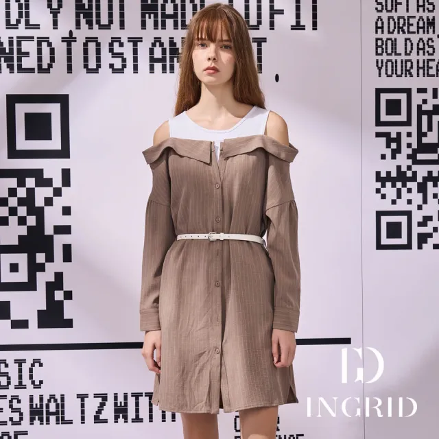 【IGD 英格麗】實體同步款-假2件條紋排釦洋裝(卡其)