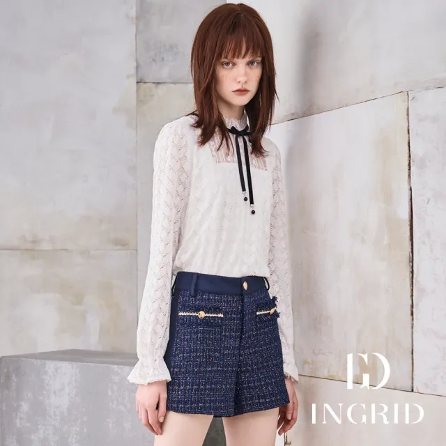 【IGD 英格麗】實體同步款-法式蕾絲珍珠綴結上衣-白色
