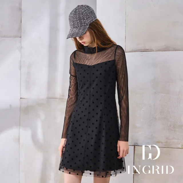【IGD 英格麗】實體同步款-浪漫法式波點雪紡洋裝-黑色