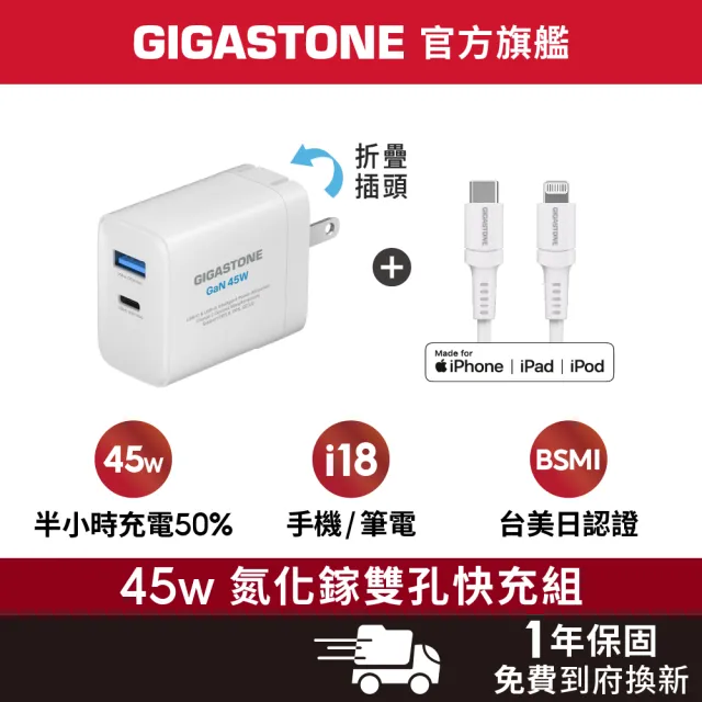 【Gigastone 立達國際】45W雙孔快速充電器 + Lightning 30W蘋果充電線 (iPhone 14以下/iPad)