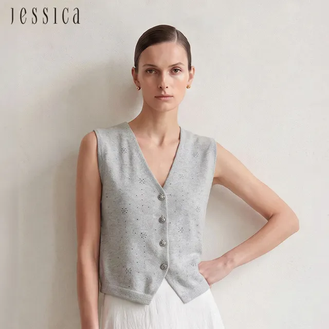 【JESSICA】百搭簡約V領水鑽針織無袖背心上衣263902