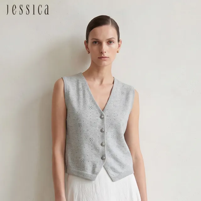 【JESSICA】百搭簡約V領水鑽針織無袖背心上衣263902