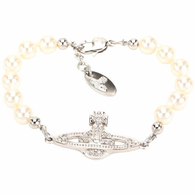 【Vivienne Westwood】Relief 水晶星球標誌珍珠手鍊(銀色 手環 精品飾品)