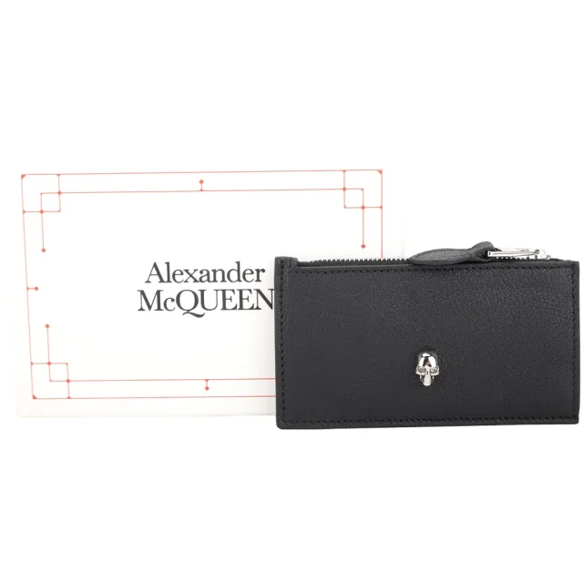 【Alexander McQueen】鑽眼骷髏頭牛皮拉鍊卡片夾/零錢包(黑色)