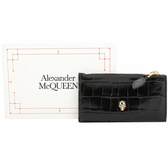 【Alexander McQueen】鑽眼骷髏頭壓花牛皮拉鍊卡片夾/零錢包(黑色)
