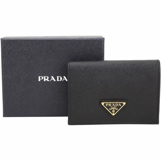 【PRADA 普拉達】Saffiano 三角牌防刮牛皮4卡釦式短夾(黑色 皮夾 零錢包)