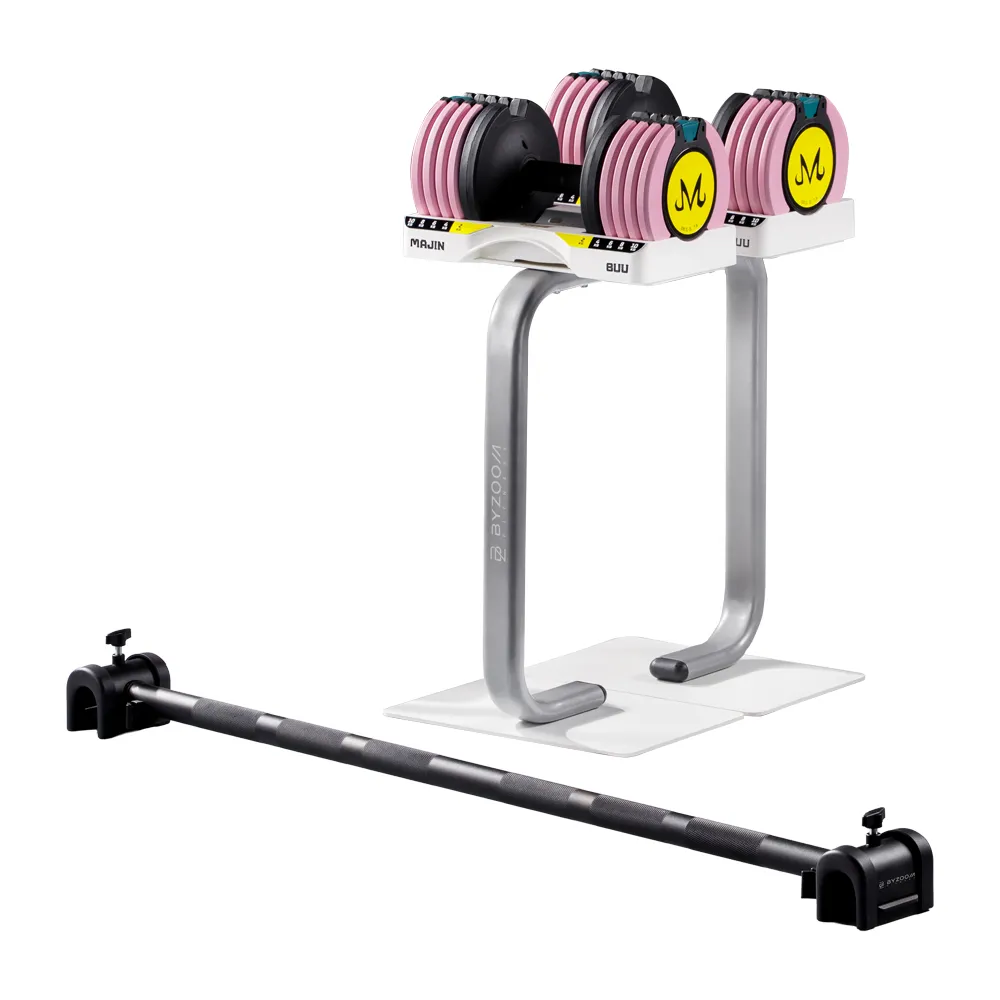 【BYZOOM FITNESS】七龍珠Z 10kg 可調式啞鈴(魔人普烏款)+ 啞鈴專用架(白)+ Easy Bar槓鈴桿(黑)