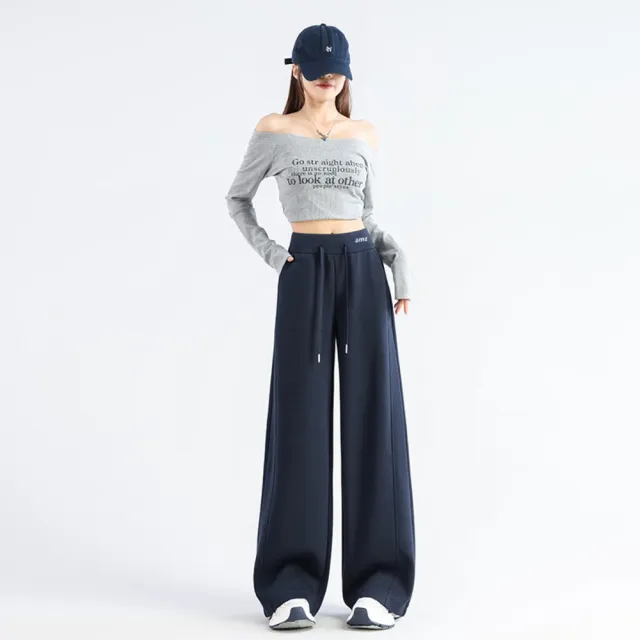 【LANNI 藍尼】★休閒高腰闊腿運動褲(女裝/長褲/闊腿褲/百搭/日系/通勤)