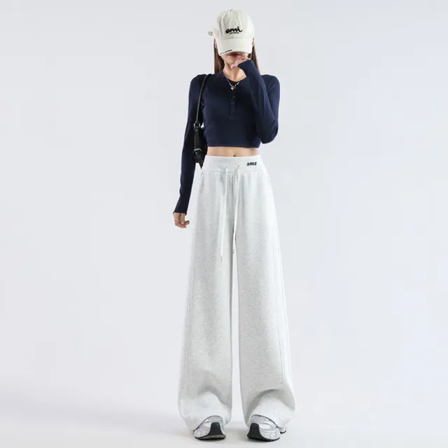 【LANNI 藍尼】★休閒高腰闊腿運動褲(女裝/長褲/闊腿褲/百搭/日系/通勤)